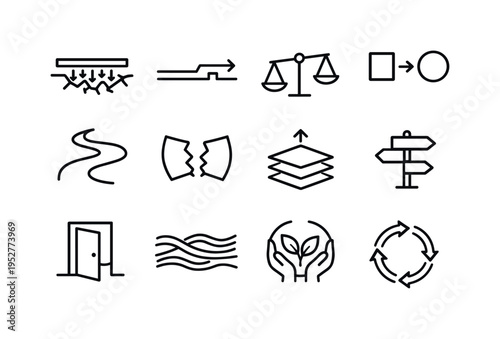 Metaphorical Change. Line icon set of Metaphorical Change: shifting foundation, moving baseline arrow, unstable balance scale, transforming shape, adaptive