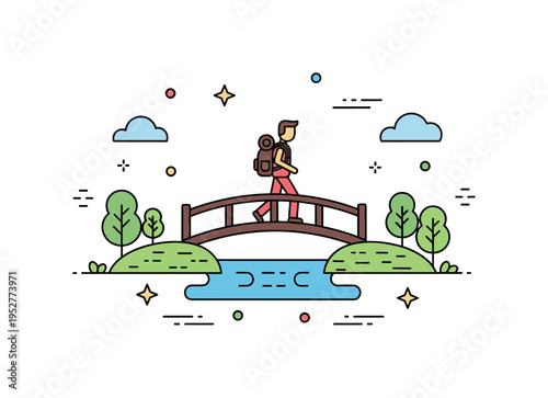 Scenic nature footbridge with a traveler carrying a small backpack crossing above a stylized stream expressing exploration and quiet adventure. Minimal trees