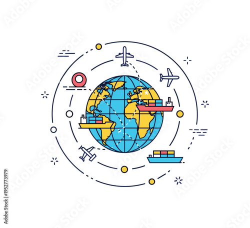 Worldwide logistics and shipping network concept illustrated by a globe with tiny airplane and cargo ship icons connected by curved routes, symbolizing global