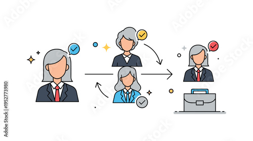 Career reinvention journey illustrated with a silver haired professional switching from one role icon to another connected by a curved arrow, symbolizing