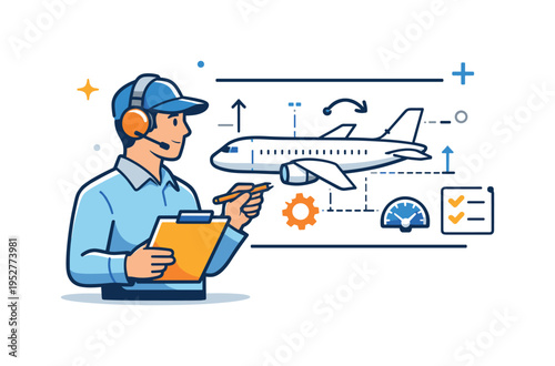 Aerospace engineer airplane schematic presented as a focused professional studying a simplified aircraft outline with labeled lines and symbols, expressing