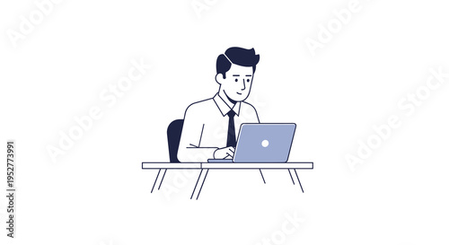 A minimalist line-art illustration shows a man in a shirt and tie diligently working on a light blue laptop at a simple desk.