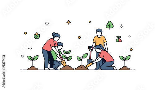 Community tree planting day illustration showing a small group silhouette beside newly planted saplings, expressing collaboration and shared purpose. The