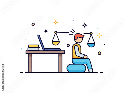 Workplace mindfulness break concept represented by a small desk and laptop with a calm seated figure beside them in a brief pause. The scene communicates