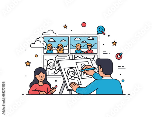 Visual storytelling showing an artist sketching a comic panel with characters and scenery, highlighting creativity, narrative, and expressive communication.