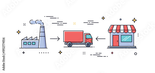 Distribution process flow illustrated by a factory icon leading to a truck and then to a storefront, connected by smooth directional arrows