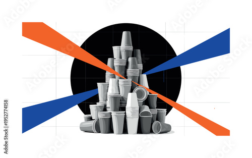 Black and white pile of disposable cups arranged symmetrically, large abstract circle anchoring composition, vivid orange and cobalt blue flat geometric shards