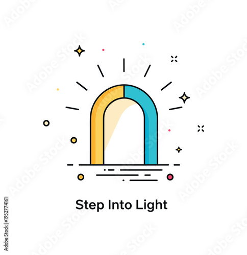 Enlightenment path open doorway symbol showing a simple arch shape half illuminated with light rays extending outward, conveying transition from uncertainty to