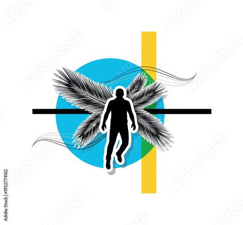 Realistic black and white palm leaves cropped and layered under a floating male silhouette, vivid cyan circle anchoring center, bold yellow vertical cylinder