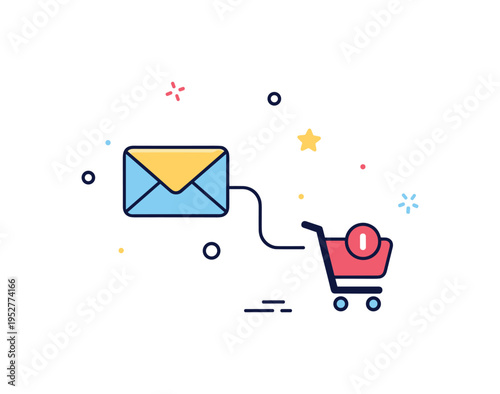 Email reminder for forgotten items illustrated by an envelope icon connected to a small cart silhouette and a soft notification dot, expressing automated