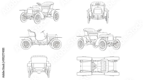 Orthogonal Views of a Vintage Car Engineering Design Drawing