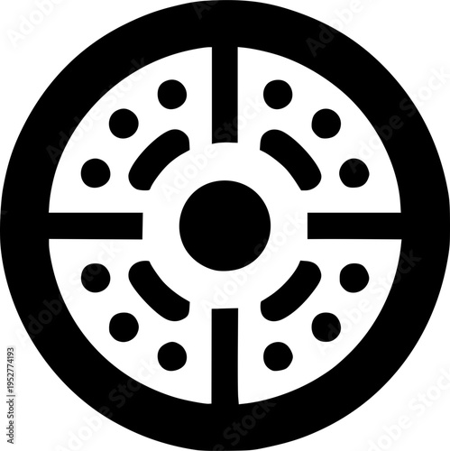Circular Geometric Icon: A bold, symmetrical geometric icon in a minimalist style, featuring a central circle surrounded by radial lines and a pattern of smaller circles, conveying concepts of focus.