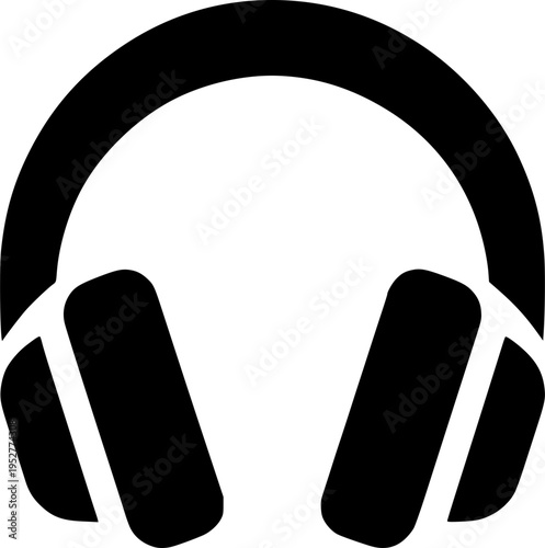 Headphone icon: A sleek, minimalist black headphone icon, designed with simplicity and focus to represent sound and listening.