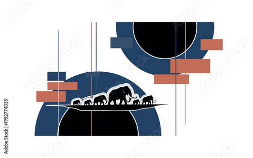A monochrome prehistoric scene with mammoth herd simplified into silhouettes, framed by large geometric semicircles and abstract rectangular blocks symbolizing