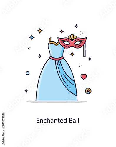 Fairy tale costumes masquerade ball attire showcasing an elegant dress silhouette paired with a decorative mask and small sparkle accents, conveying mystery,