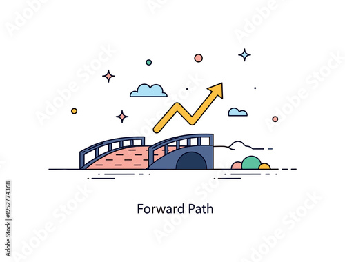 Bridge progress and growth metaphor depicted by a small bridge leading toward a rising arrow on the horizon, symbolizing advancement and new opportunities. The