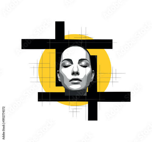 monochrome closed eyes in peaceful expression as central focus, oversized yellow circular halo and black abstract bars framing composition, subtle grid line