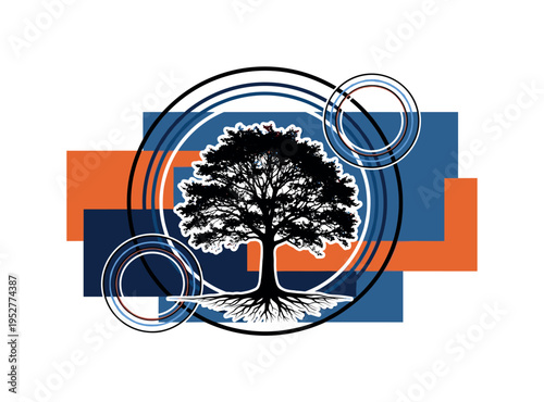 A monochrome tree with visible roots and branches forming a balanced composition, surrounded by abstract concentric circles symbolizing