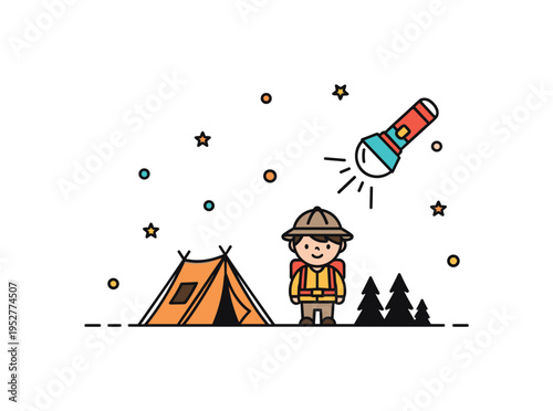 Camping little explorer scene featuring a child standing near a tiny tent silhouette with a flashlight icon, symbolizing bravery and outdoor fun. The cohesive