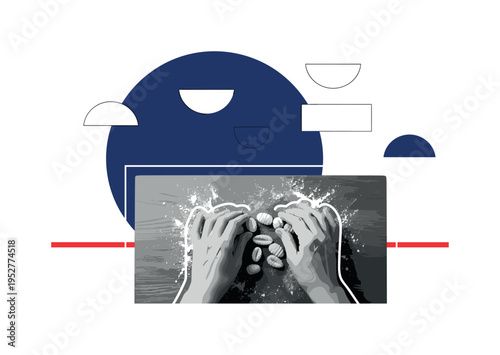 Black and white top view of hands shaping small gnocchi pieces on a wooden board, oversized deep blue circular halo behind the hands, thin red horizontal line