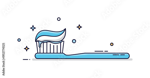 Brushing teeth toothpaste application theme centered on a close up toothbrush with a neat stripe of toothpaste and subtle sparkle accents. A crisp and modern