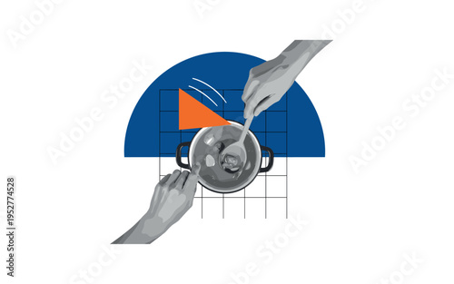 Black and white hands stirring soup with a wooden spoon, oversized deep blue semicircle behind the pot symbolizing comfort, orange triangular accent