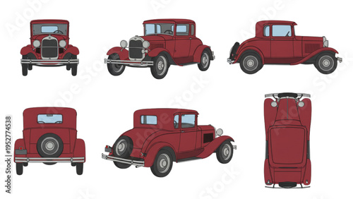 Multiple Views of a Vintage Red Automobile on White Background