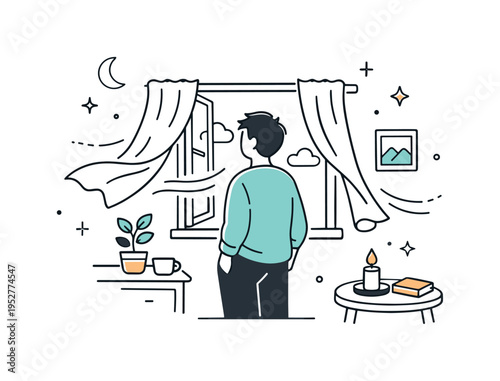Cold breeze by the window. A person standing near an open window with curtains gently moving, expressing fresh air and quiet comfort. The mood is calm and