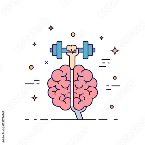 Mental strength overcoming obstacles theme featuring a simplified brain icon lifting a small dumbbell with tiny motion accents around it. A motivational