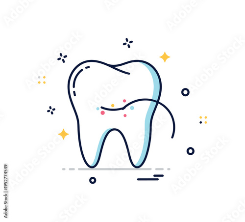 Plaque removal concept centered on a stylized tooth with a thin floss line gently clearing small dot accents between teeth, symbolizing thorough cleaning. The