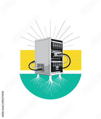 Black and white battery storage unit with cables branching like tree roots, vivid teal semicircle forming base, bright yellow rectangular accent block offset