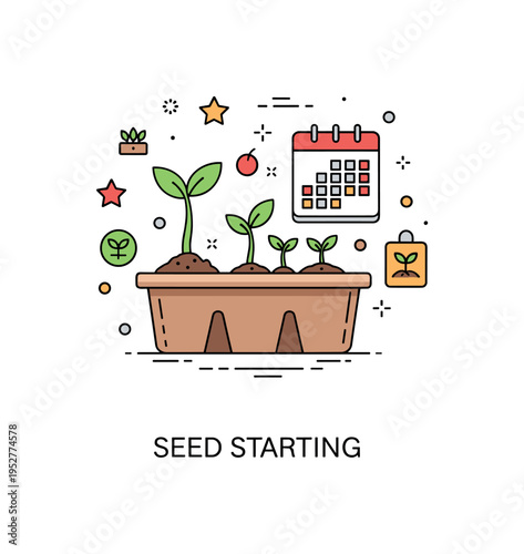 Seed starting indoors concept centered on a small tray with sprouting seedlings and a tiny calendar icon, expressing patience and early stage growth. The badge