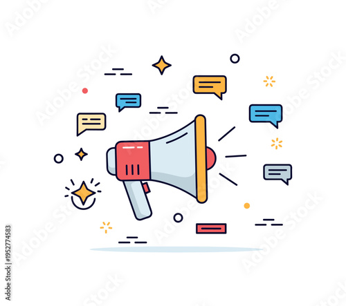 Human rights advocacy concept centered on a megaphone with small speech lines radiating outward, symbolizing amplified voices and public awareness. Minimal