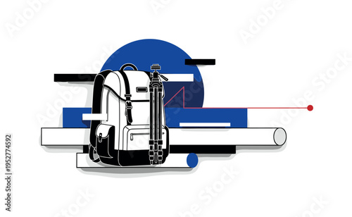 Black and white backpack with tripod attached as central object, bold blue circle partially cropped behind suggesting night horizon, thin red line extending