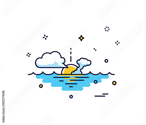 Sea horizon storm clearing scene illustrated by a small cloud parting to reveal sunlight touching the water line. The composition conveys hope, resilience, and