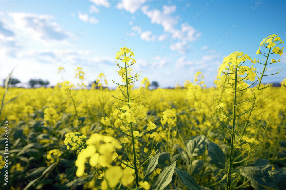 Naklejka premium A beautiful field of yellow flowers under a clear blue sky. Perfect for nature-themed designs or adding a touch of serenity to any project
