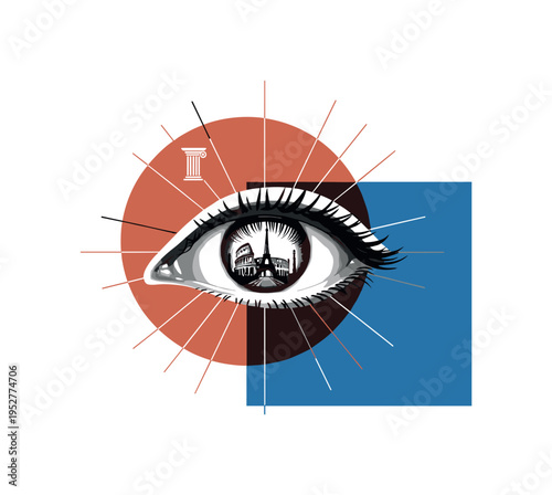 Black and white human eye reflecting a historic monument silhouette inside the pupil, large terracotta circle intersecting with a blue rectangle behind, thin