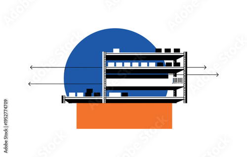 Black and white automated warehouse shelving simplified into geometric stacks, bold blue semicircle behind upper levels, orange rectangle intersecting base