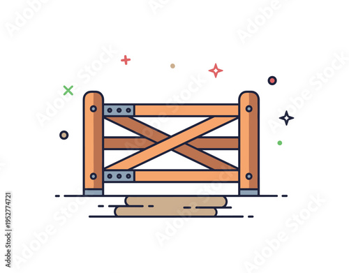 Livestock yard access point featuring a compact wooden gate with horizontal beams and a small ground patch below, symbolizing controlled entry within a pig
