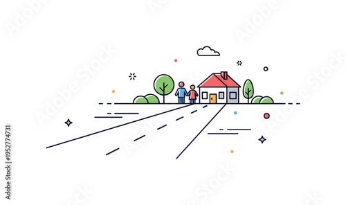 Family reunion journey illustrated through a minimal road stretching toward a cozy house at the horizon, with subtle motion lines suggesting travel and