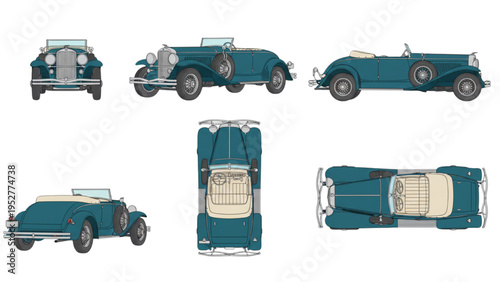 Vintage Convertible Car Blueprint Views - Retro Auto Design