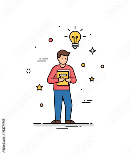 Focused reading moment depicted by a standing figure holding a book close while subtle lightbulb icon appears above, expressing learning and idea discovery. A