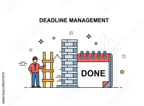 Deadline management in construction project featuring a manager standing beside a half-built structure and a prominent calendar page marked Done, symbolizing