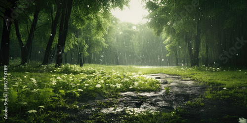 A picturesque path meandering through a vibrant green forest. Ideal for nature lovers and outdoor enthusiasts