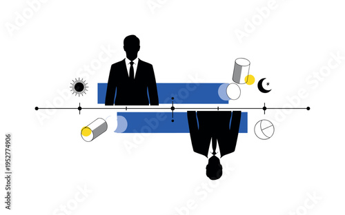 Black and white businessman silhouette duplicated and offset as if in two time layers, one upright and one inverted, separated by a bold horizontal blue bar,