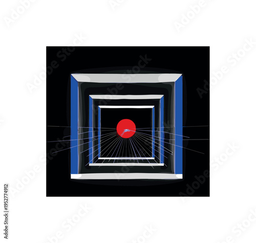 Black and white hallway perspective stretching into darkness, deep red circle at the far end like distant memory, cobalt blue rectangular shapes aligned along