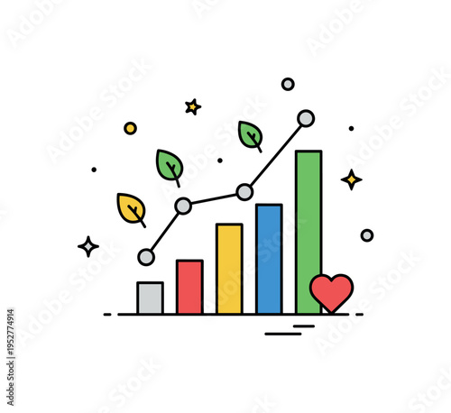 Impact measurement analytics bar chart integrated with small leaf and heart icons, emphasizing tracking of social and environmental outcomes. A clear editorial