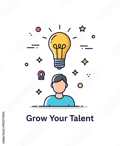 Talent growth creative skill expansion scene with a stylized lightbulb icon above a human silhouette, expressing idea generation and intellectual development.