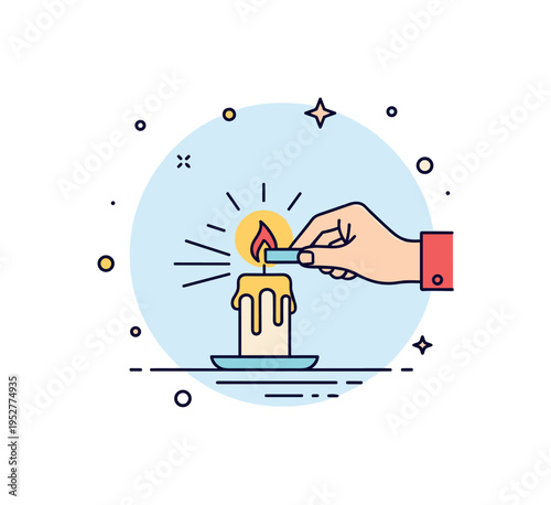 Power outage candle lighting moment showing a candle placed on a table as a hand lights it, symbolizing resilience and finding light during darkness. A concise