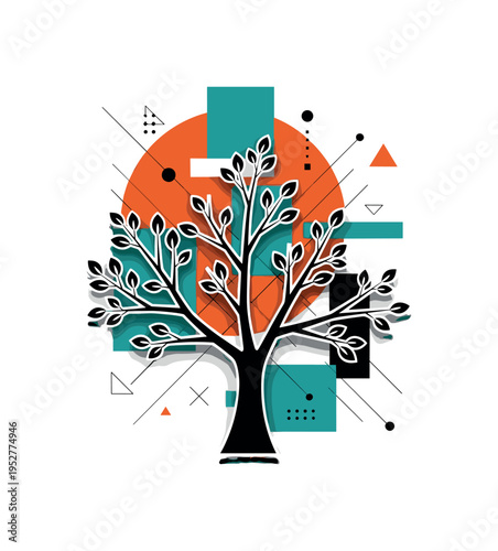 monochrome family tree illustration with branches spreading outward, cut-out effect with white contour, combined with burnt orange circle and teal abstract
